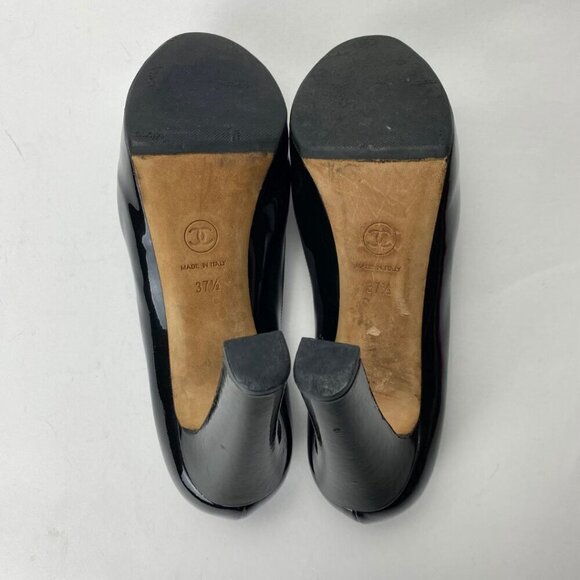 CHANEL Patent Silver Name Plate Chrome Logo Cap Toe Black Chunky Pumps Size 37.5 - Picture 8 of 10